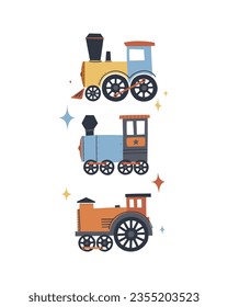 A cartoon style illustration of three steam locomotives. Hand drawn lettering. Concept for children posters, t-shirts, stickers, greeting cards.