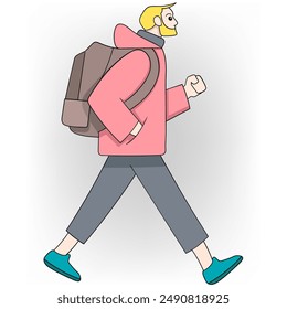 A cartoon style illustration of a traveler walking purposefully. The traveler has blonde hair and a beard, wearing a pink jacket, gray pants, and teal shoes.