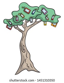 Cartoon style illustration of a tree with mobile devices as apples.