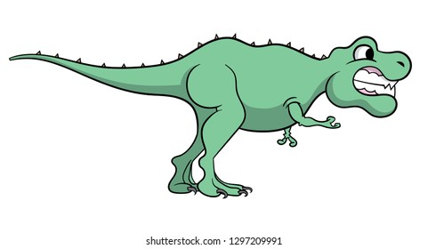 Cartoon style illustration of a T-Rex dinosaur walking and grinning - side view