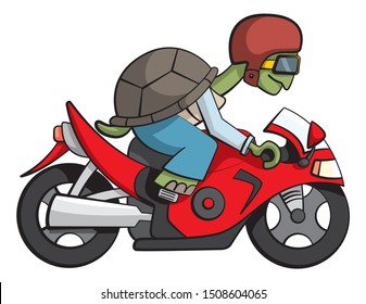 Cartoon style illustration of a turtle character riding a fast and powerful red motorbike.