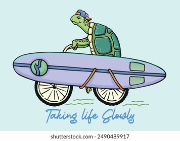 Ilustración de estilo de dibujos animados de una tortuga montando una bicicleta con una tabla de surf.