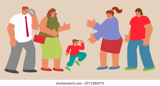 Cartoon style illustration of Two families meet and a small child between them. Love between friends. Flat style. Vector illustration.