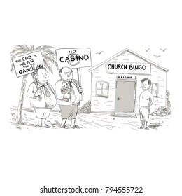 Cartoon style illustration of two fat Samoan preacher, lay minister or church goer wearing jacket and lavalava protesting with placard against gambling in front of church with skinny boy looking.