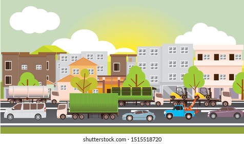 Cartoon style illustration of urban landscape road with cars, Buildings and houses in small country town for background. Warm weather.