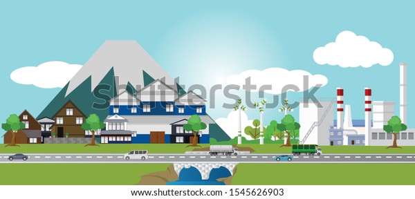 Cartoon style illustration of urban landscape\
road and bridge with cars, Buildings of Japan town and \
Petrochemical industrial park as \
background.