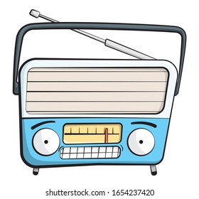 Cartoon style illustration vector of a radio character with large eyes en plenty of teeth in its grinning mouth.