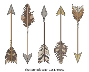 Cartoon style illustration vector set of different target arrows decorated with natural bird feathers