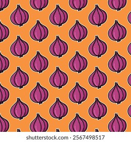 Cartoon style illustration of a vibrant purple onion tile against a bold orange background. Perfect for food-related designs, educational materials, or playful graphical content.