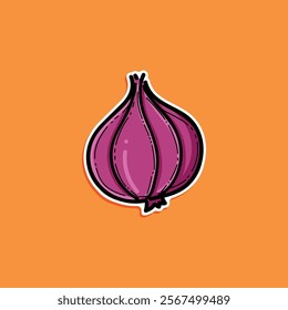 Cartoon style illustration of a vibrant purple onion set against a bold orange background. Perfect for food-related designs, educational materials, or playful graphical content.