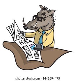 Cartoon style illustration of a warthog with glasses reading the newspaper.