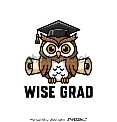 A cartoon style illustration of a wise owl wearing a black graduation cap and holding a diploma scroll under its wings with the text Wise Grad underneath