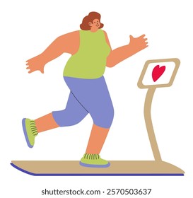 Cartoon style illustration of a woman running on a treadmill. Promotion of an active lifestyle, training, body positivity. Sports, jogging, cross-country, marathon. Flat style. Vector illustration.