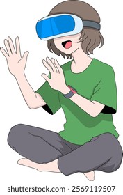 A cartoon style illustration of a woman with short brown hair wearing a blue virtual reality headset