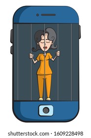 Cartoon style illustration of a woman who is a prisoner of her cell phone. 
