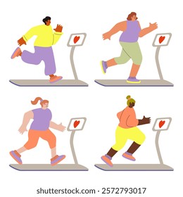 Cartoon style illustration of women in the gym, running in different positions on a treadmill. Promotion of a healthy lifestyle, training, body positivity. Vector illustration.