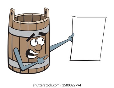 Cartoon style illustration of a wooden bucket character with a happy face holding a blank piece of paper, pointing and looking at it. Bucket list concept.