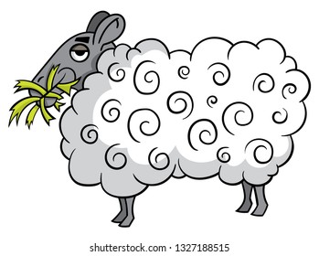 Cartoon style illustration of a woolly sheep standing eating grass - side view