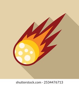Cartoon style illustration of a yellow meteorite with craters, burning as it falls through space