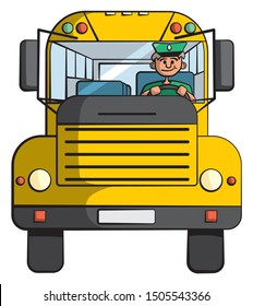 Cartoon style illustration of a yellow school bus with a driver inside behind the wheel. From the front view.