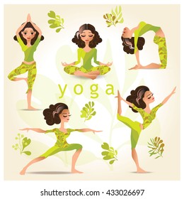 Cartoon style illustration of yoga woman. Yoga character. Yoga poses. Vector illustration made in cartoon style. Yoga exercises. Women yoga. Yoga class, yoga center, yoga studio.  Healthy lifestyle.