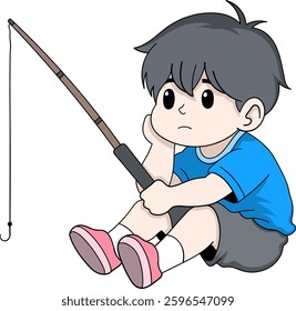 A cartoon style illustration of a young boy with dark hair wearing a blue t shirt gray shorts and pink shoes sitting on the ground while fishing with a sad and bored expression