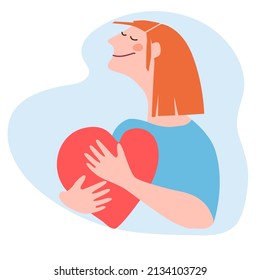 Cartoon style illustration of a young woman hugging her chest to support her mental or heart health