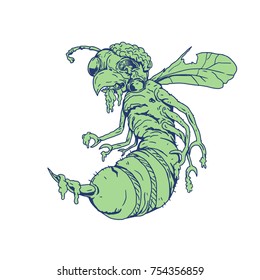 Cartoon style illustration of a zombie bee with eyes popping off and exposed brain set on isolated background.