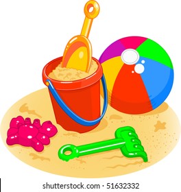 Cartoon style illustrations of a beach ball, pail, shovel and rake