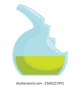 Cartoon style image of a broken chemistry flask containing bright green liquid