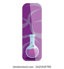 Cartoon style image of a bubbling purple potion in a glass flask set against a textured purple background