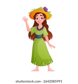 Cartoon style image of a cheerful Hawaiian girl wearing a green dress, a yellow floweradorned hat, and a purple lei. She is greeting with a friendly wave and a bright smile.