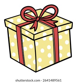 Cartoon style image features a square, pale yellow gift box adorned with white polka dots and a vibrant red ribbon, visible over a white background.