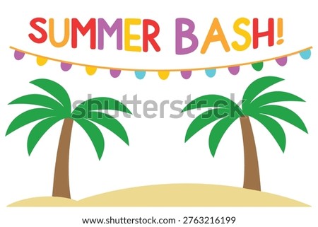 Cartoon style image featuring a summer bash scene with colorful lettering, festive garland, two palm trees, and a sandy beach area, perfect for party invitation.