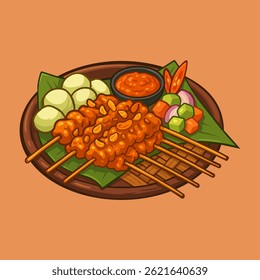 Imagem em estilo de desenho animado de espetinhos satay servidos com molho de imersão, legumes e batata cozida em um prato para apresentação de alimentos.