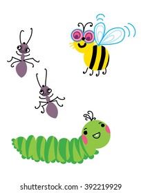 Cartoon style insects set. vector illustration. Ants, bee, caterpillar textile icons. 