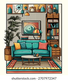 A cartoon style interior scene featuring a turquoise sofa coffee table bookcase houseplant colorful rug and graphic decor.