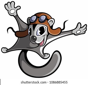 Cartoon style japanese dwarf flying squirrel with leather flying helmet, cartoon character.