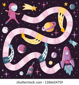 Cartoon style kids science and space board game with astronaut, rocket, planents, sputnik. Template design. Stock vector