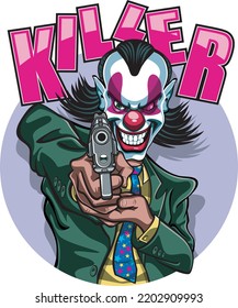 Cartoon Style Killer Clown Pointing And Aiming Automatic Pistol