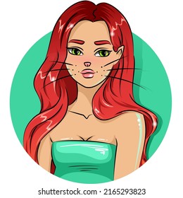 Cartoon Style Kitty Girl Avatar Character with Red Hair. Vector Illustration