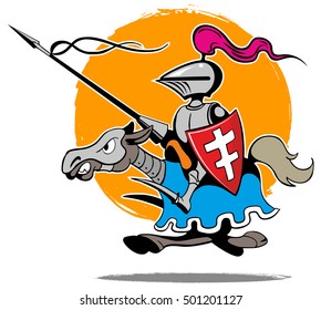 Cartoon style knight with lance and shield , horseback.