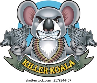 Caricatura estilo oso koala apuntando dos pistolas de máquina