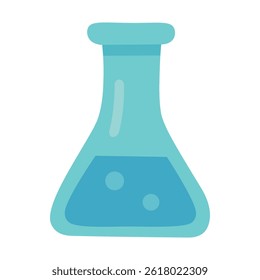Cartoon-Laborflasche mit blauer Flüssigkeit im Inneren. Vektor flache Doodle einzelne wissenschaftliche Illustration.