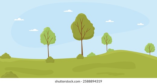 Cartoon style landscape featuring rolling green hills, trees, and a bright blue sky with white clouds. Perfect for nature-themed designs and backgrounds. Vector art.