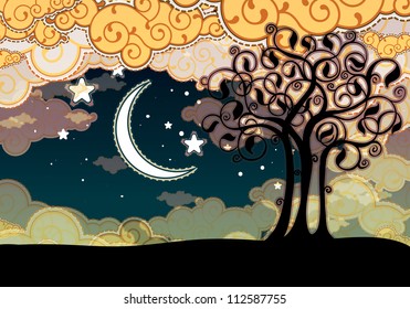 Cartoon style landscape with tree and moon