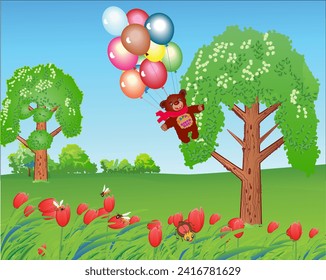 Cartoon style landscape with a trees on a field and a tulips in the foreground, bees and bugs and a bunch of flying balloons. Vector illustration.