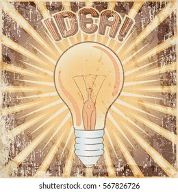Cartoon style layered vector illustration - creative vintage tee shirt apparel print poster design, Light bulb lamp, grunge paper rays background.