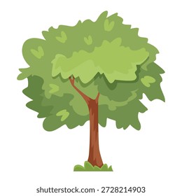 Cartoon style leafy green tree with a thick brown trunk, isolated on white background. Concept of nature, forest, and environment. Vector illustration