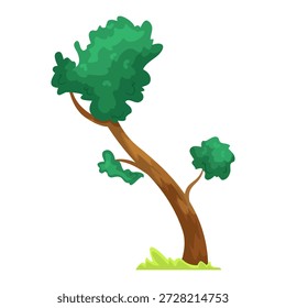 Cartoon style leaning tree with thick green foliage and brown curved trunk on white background. Concept of nature and environment. Vector illustration
